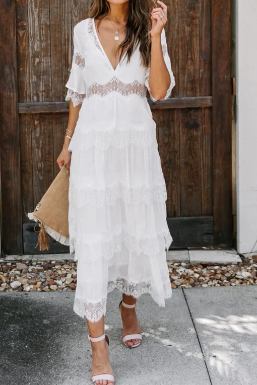 V-Neck Short Sleeves Tea Length White Graduation Dress