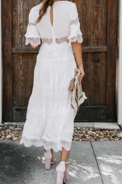 V-Neck Short Sleeves Tea Length White Graduation Dress