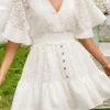 V-Neck Short Sleeves White Mini Summer Graduation Dress with Buttons