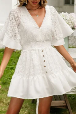 V-Neck Short Sleeves White Mini Summer Graduation Dress with Buttons