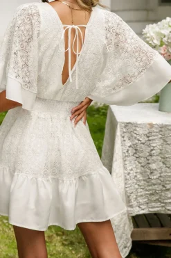 V-Neck Short Sleeves White Mini Summer Graduation Dress with Buttons