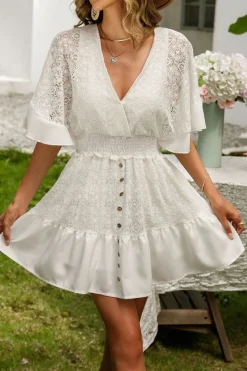 V-Neck Short Sleeves White Mini Summer Graduation Dress with Buttons