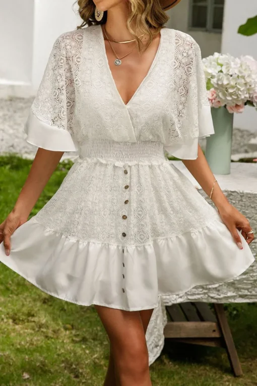 V-Neck Short Sleeves White Mini Summer Graduation Dress with Buttons