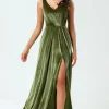 V-Neck Sleeveless A Line Olive Velvet Bridesmaid Dress with Slit