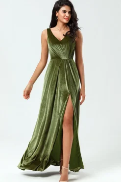 V-Neck Sleeveless A Line Olive Velvet Bridesmaid Dress with Slit