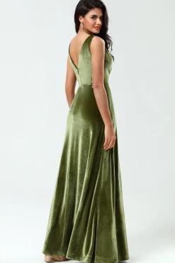 V-Neck Sleeveless A Line Olive Velvet Bridesmaid Dress with Slit