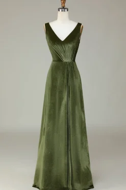 V-Neck Sleeveless A Line Olive Velvet Bridesmaid Dress with Slit