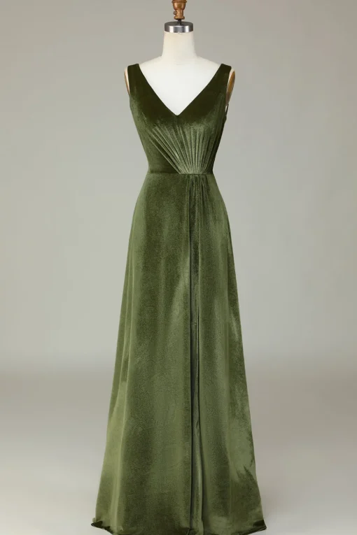 V-Neck Sleeveless A Line Olive Velvet Bridesmaid Dress with Slit