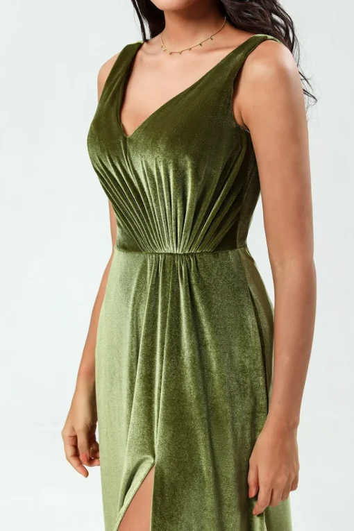 V-Neck Sleeveless A Line Olive Velvet Bridesmaid Dress with Slit