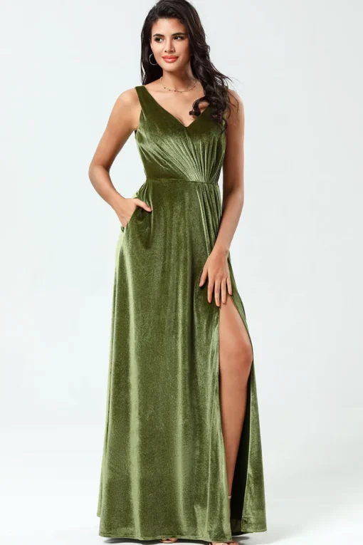 V-Neck Sleeveless A Line Olive Velvet Bridesmaid Dress with Slit