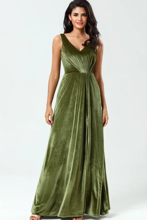V-Neck Sleeveless A Line Olive Velvet Bridesmaid Dress with Slit