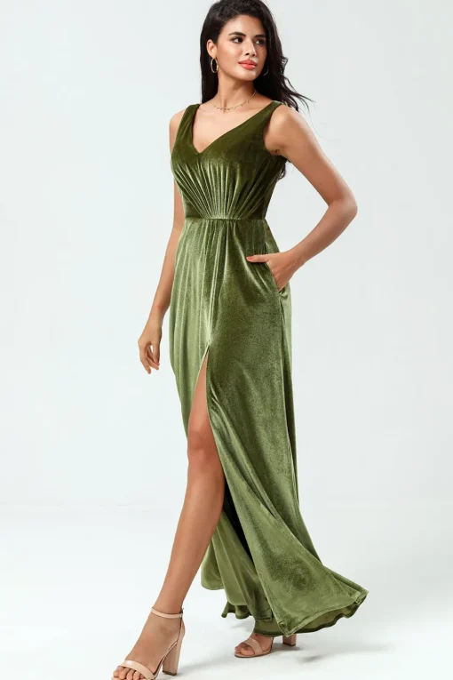 V-Neck Sleeveless A Line Olive Velvet Bridesmaid Dress with Slit