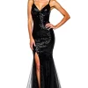 V-Neck Slit Mermaid Tulle Black Tie Dress With Sequins