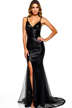 V-Neck Slit Mermaid Tulle Black Tie Dress With Sequins