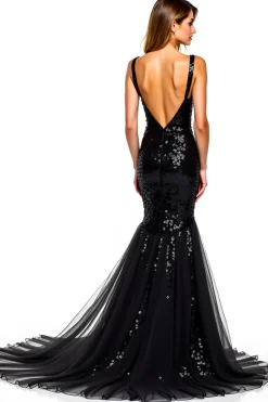 V-Neck Slit Mermaid Tulle Black Tie Dress With Sequins