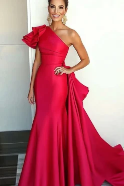 Watermelon Sheath One Shoulder Ruffled Satin Gala Dress