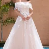 White A Line Off the Shoulder Tulle Wedding Dress