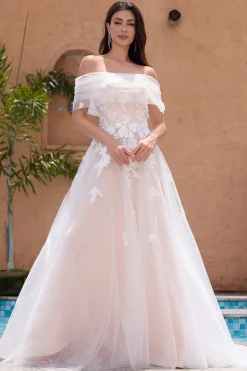 White A Line Off the Shoulder Tulle Wedding Dress