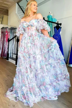 White A Line Off the Shoulder Ruffles Corset Long Prom Dress