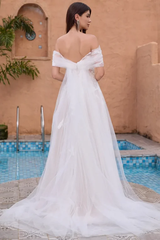 White A Line Off the Shoulder Tulle Wedding Dress