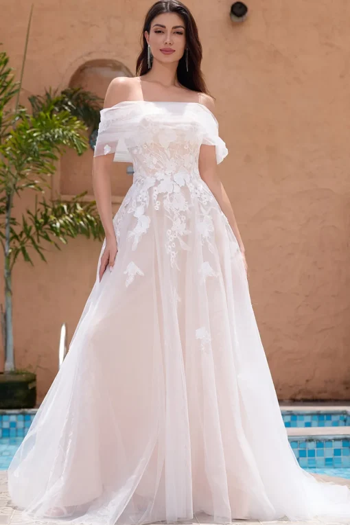 White A Line Off the Shoulder Tulle Wedding Dress