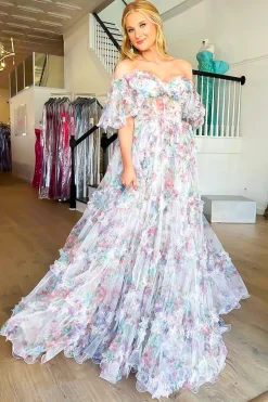 White A Line Off the Shoulder Ruffles Corset Long Prom Dress