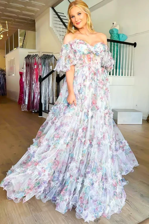 White A Line Off the Shoulder Ruffles Corset Long Prom Dress