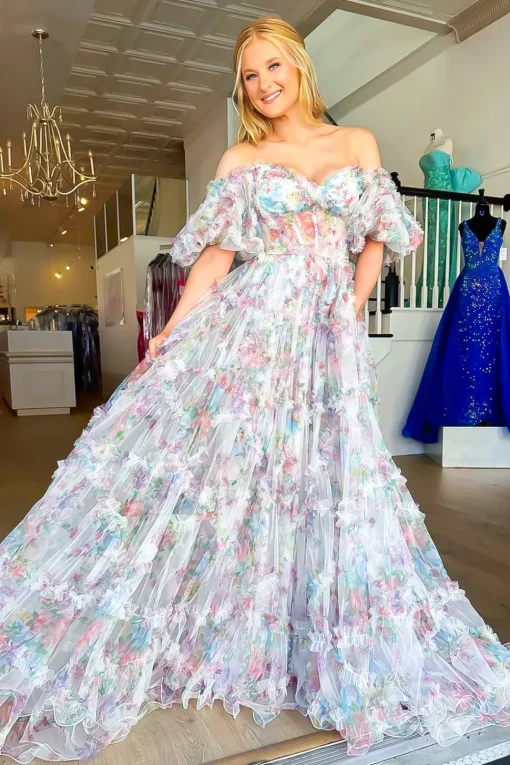 White A Line Off the Shoulder Ruffles Corset Long Prom Dress