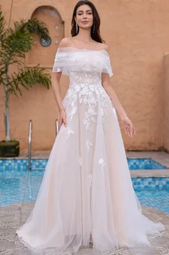 White A Line Off the Shoulder Tulle Wedding Dress