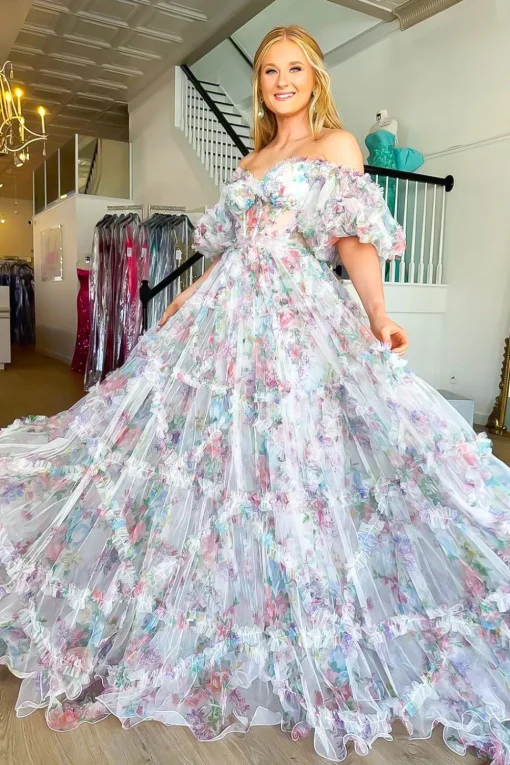 White A Line Off the Shoulder Ruffles Corset Long Prom Dress