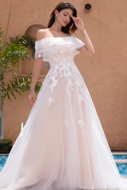 White A Line Off the Shoulder Tulle Wedding Dress