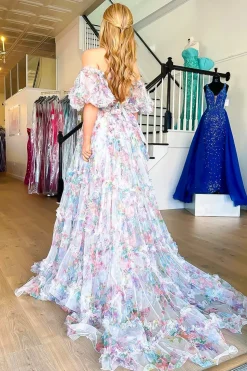 White A Line Off the Shoulder Ruffles Corset Long Prom Dress