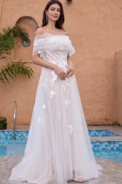 White A Line Off the Shoulder Tulle Wedding Dress