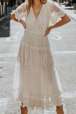 White A Line Short Sleeves Lace Midi Graduation Dress