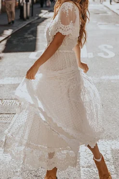 White A Line Short Sleeves Lace Midi Graduation Dress