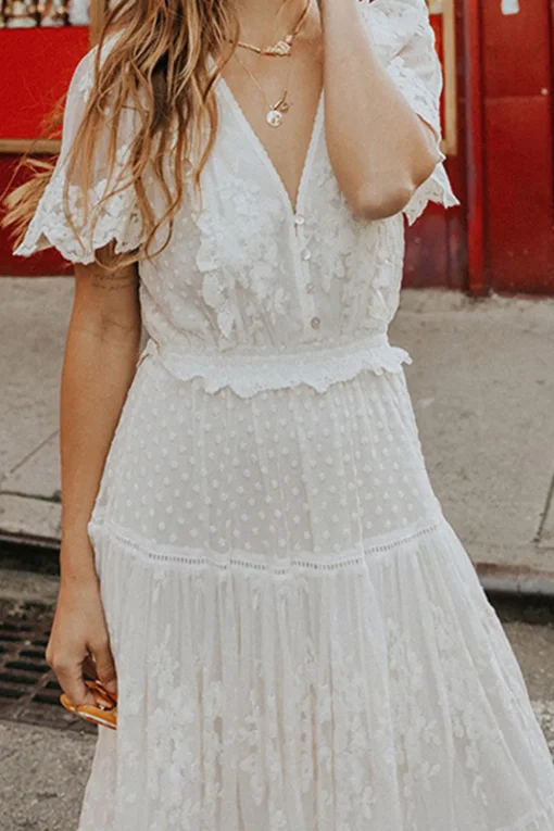 White A Line Short Sleeves Lace Midi Graduation Dress