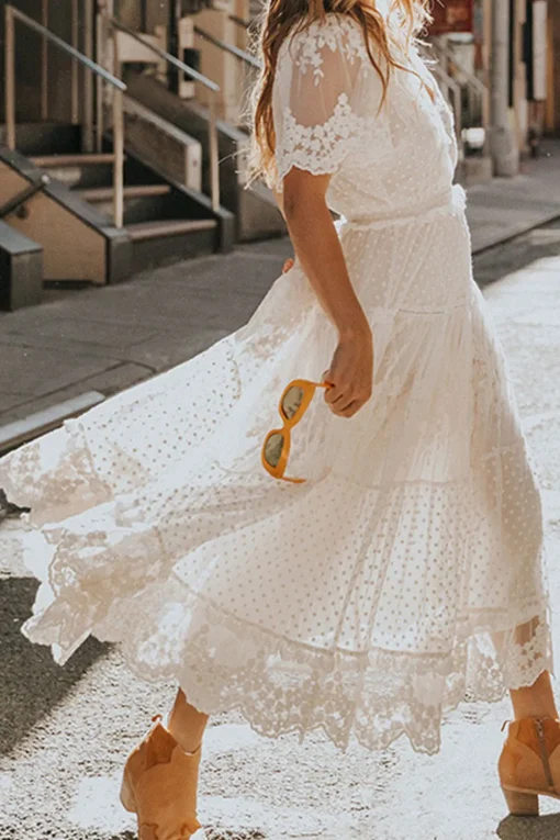 White A Line Short Sleeves Lace Midi Graduation Dress