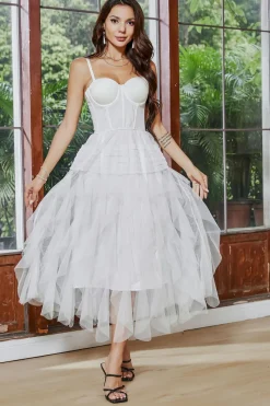 White A Line Spaghetti Straps Tea Length Graduation Dress