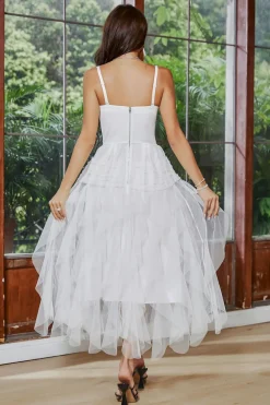 White A Line Spaghetti Straps Tea Length Graduation Dress