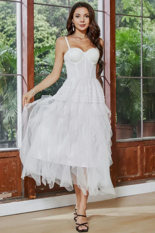 White A Line Spaghetti Straps Tea Length Graduation Dress