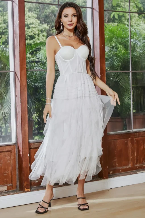 White A Line Spaghetti Straps Tea Length Graduation Dress