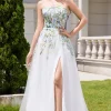 White A Line Strapless 3D Flowers Tulle Wedding Dress with Slit