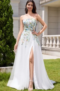 White A Line Strapless 3D Flowers Tulle Wedding Dress with Slit