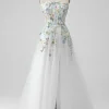 White A Line Strapless 3D Flowers Tulle Wedding Dress with Slit