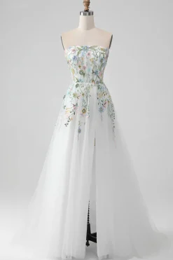 White A Line Strapless 3D Flowers Tulle Wedding Dress with Slit