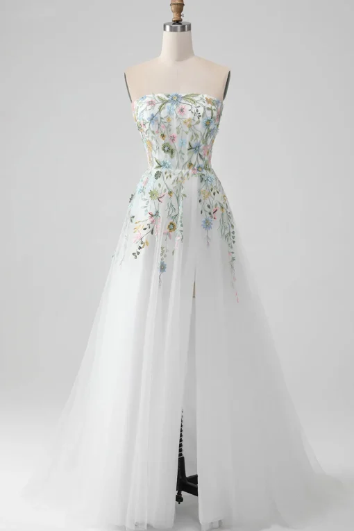 White A Line Strapless 3D Flowers Tulle Wedding Dress with Slit