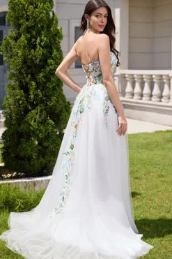 White A Line Strapless 3D Flowers Tulle Wedding Dress with Slit