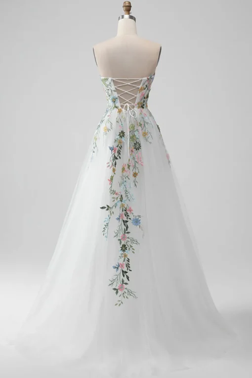 White A Line Strapless 3D Flowers Tulle Wedding Dress with Slit