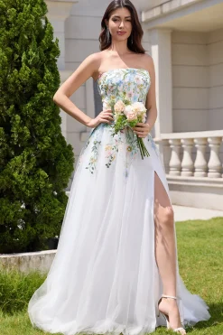 White A Line Strapless 3D Flowers Tulle Wedding Dress with Slit