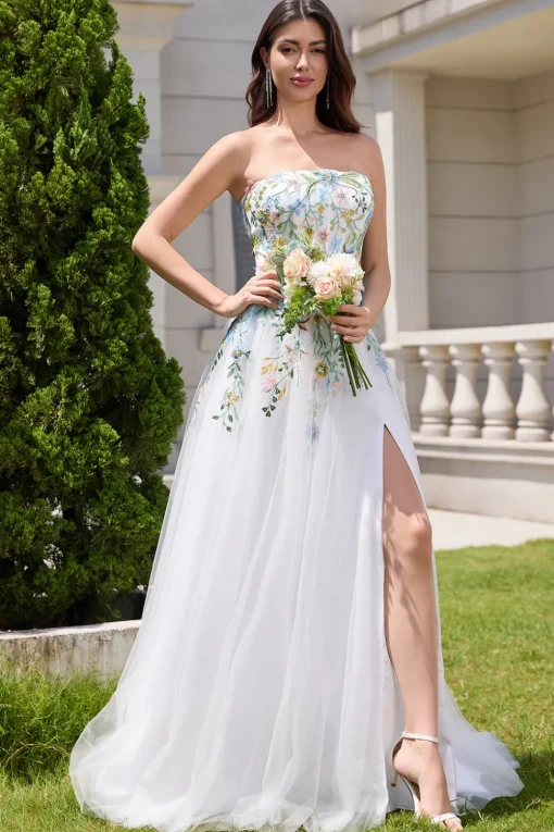 White A Line Strapless 3D Flowers Tulle Wedding Dress with Slit
